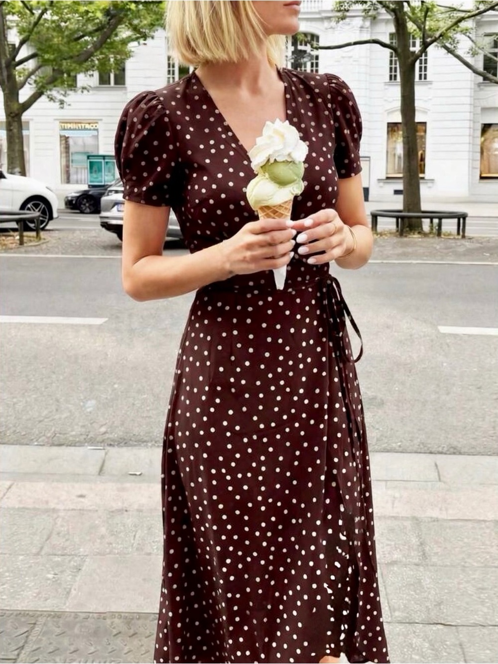 Polka Dot Wrap Midi Dress - Brown